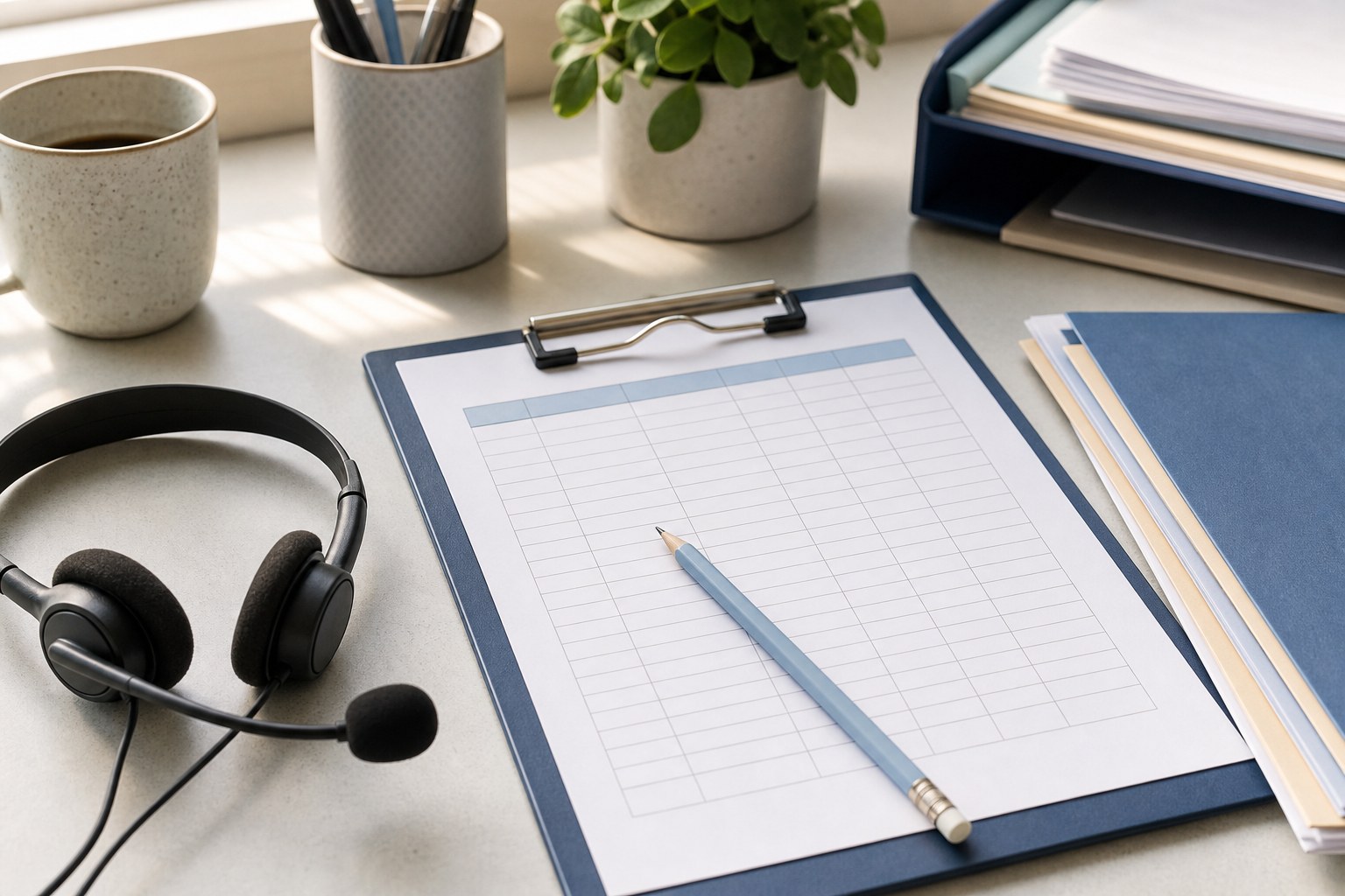 Claims follow-up desk with headset, checklist, and organised paperwork
