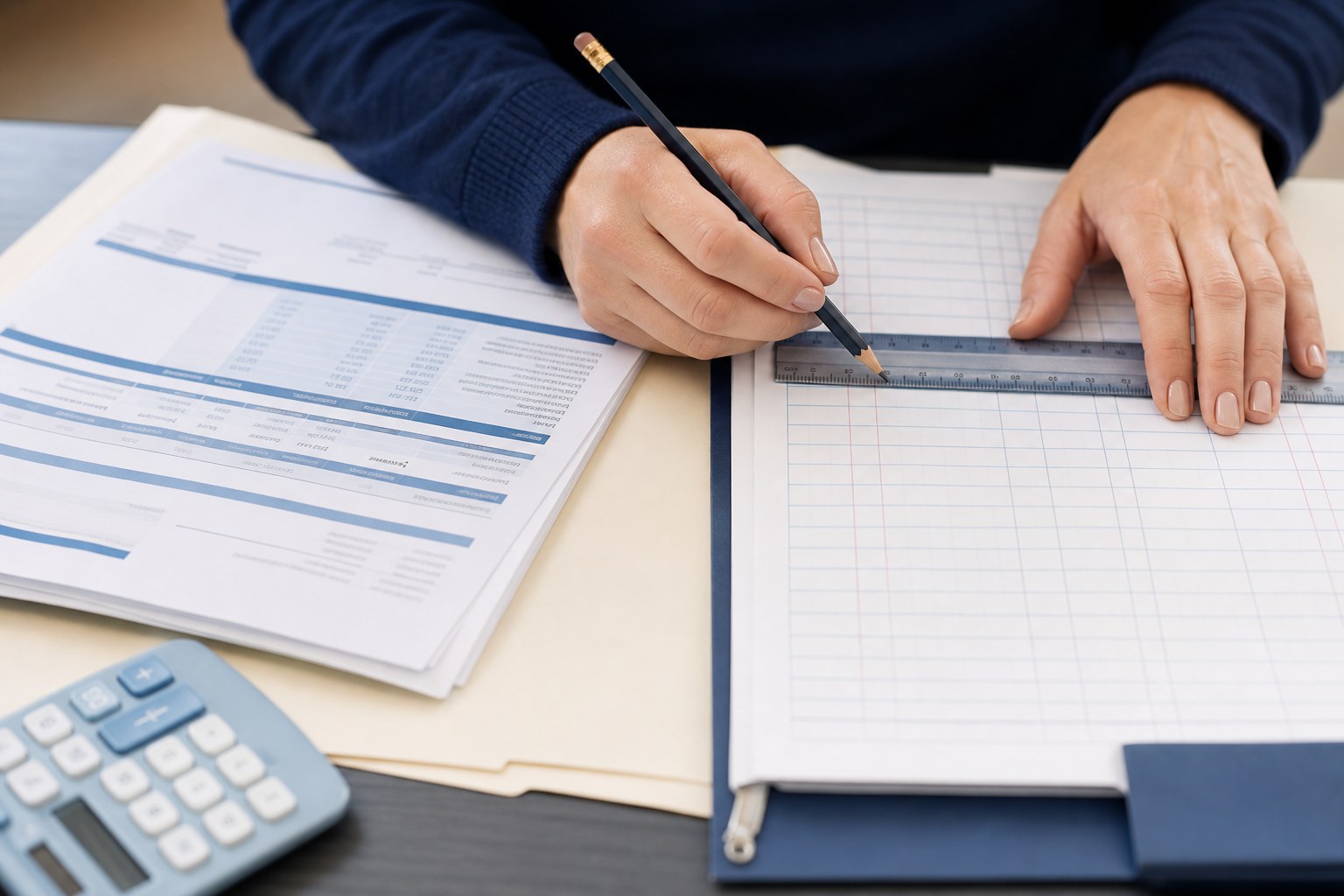 Billing professional reviewing claim materials and a ledger worksheet
