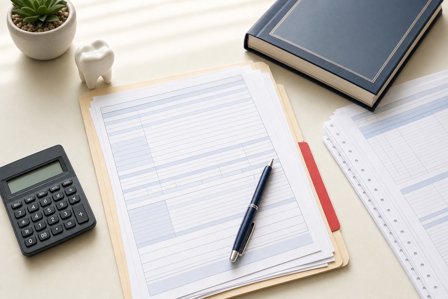 Dental billing records, calculator, and procedure reference materials on a desk