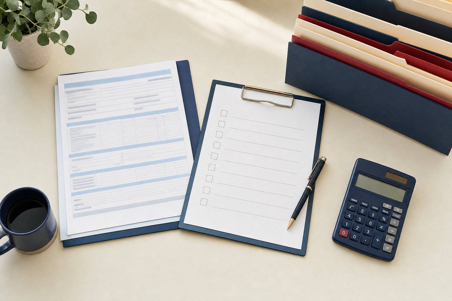 Dental billing checklist, claim records, calculator, and organised folders on a desk