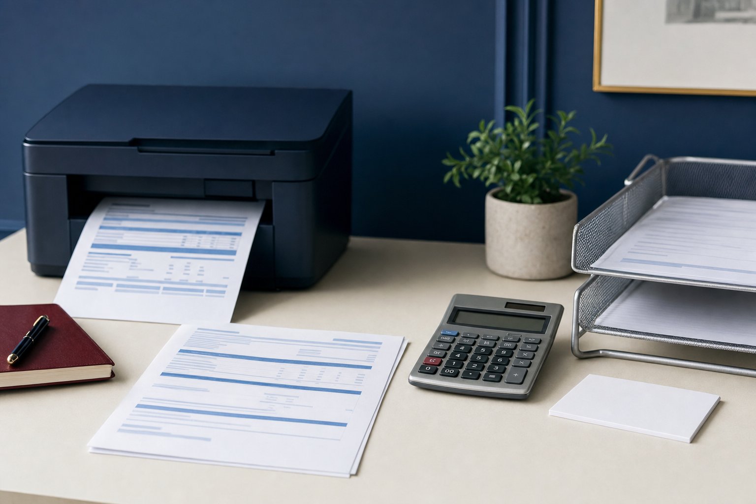 Remittance review desk with printer, organised paper tray, calculator, and blank note card