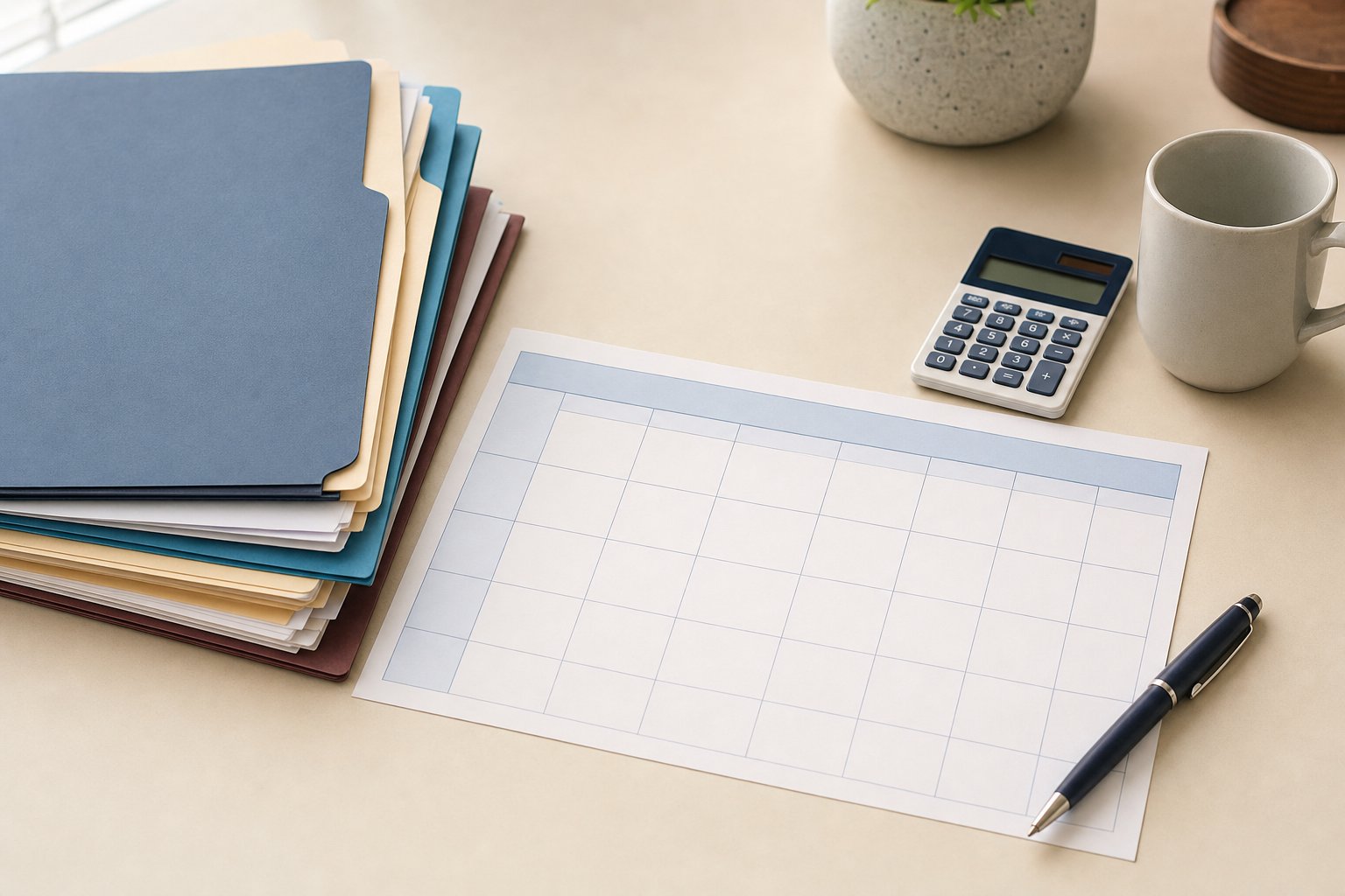 Weekly billing review desk with blank calendar, folders, calculator, pen, and coffee cup