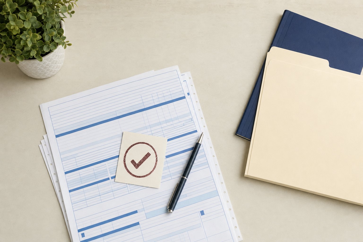 Dental claim review worksheet, checkmark card, pen, and organised folders