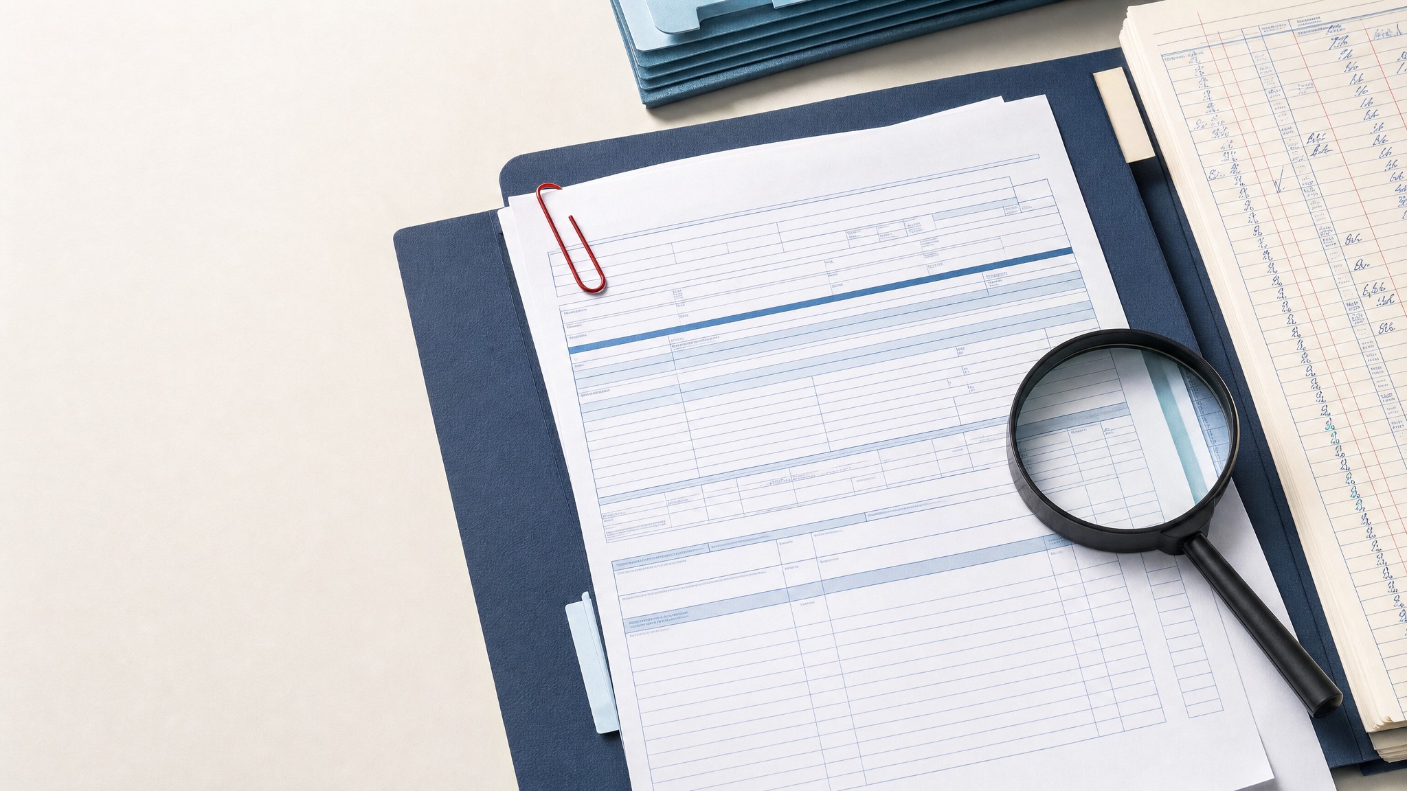 Organized billing paperwork and a calculator