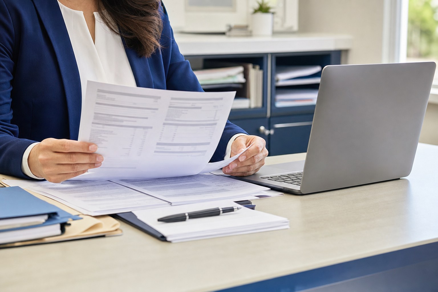 Billing specialist reviewing insurance paperwork at a desk