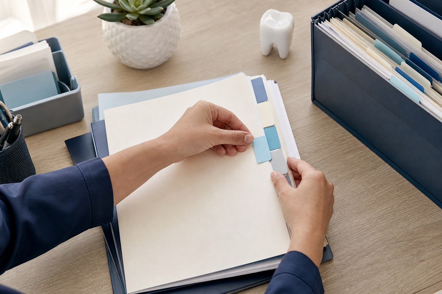 Claim follow-up notes organized on a professional desk