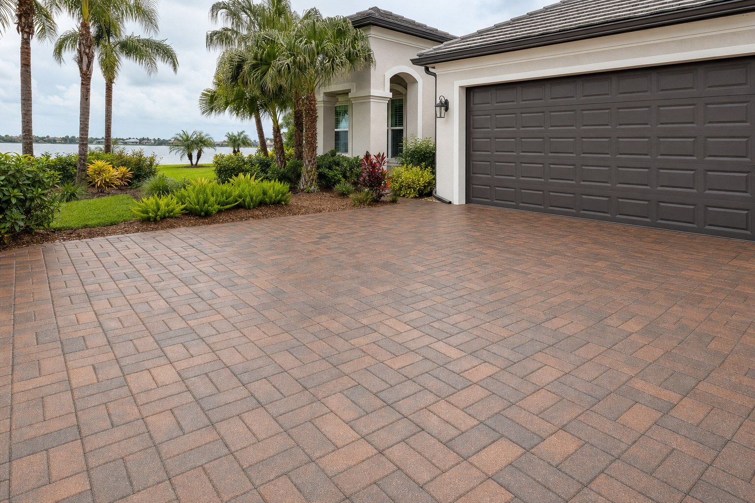 Freshly sealed paver driveway at a Florida home