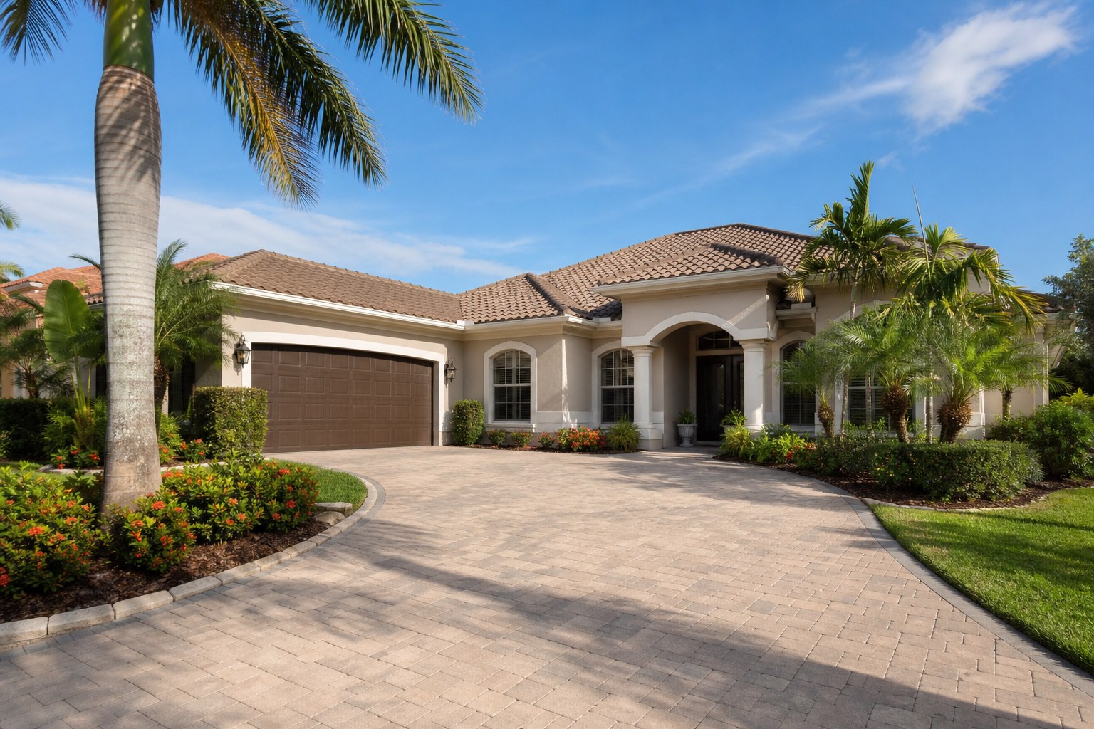 Florida home exterior with roofline, driveway and landscaping