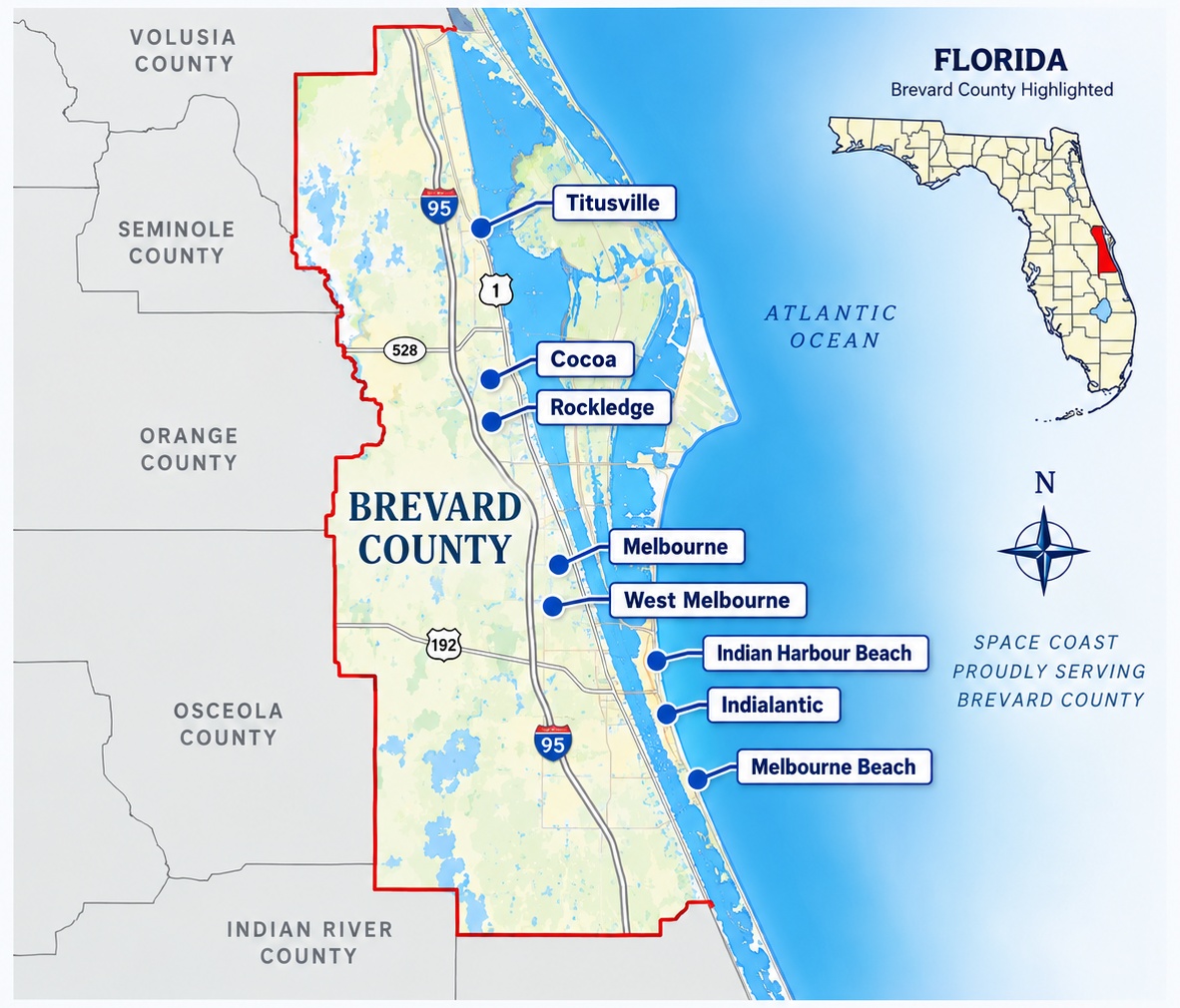 Florida map with Brevard County highlighted and key Brevard communities labeled