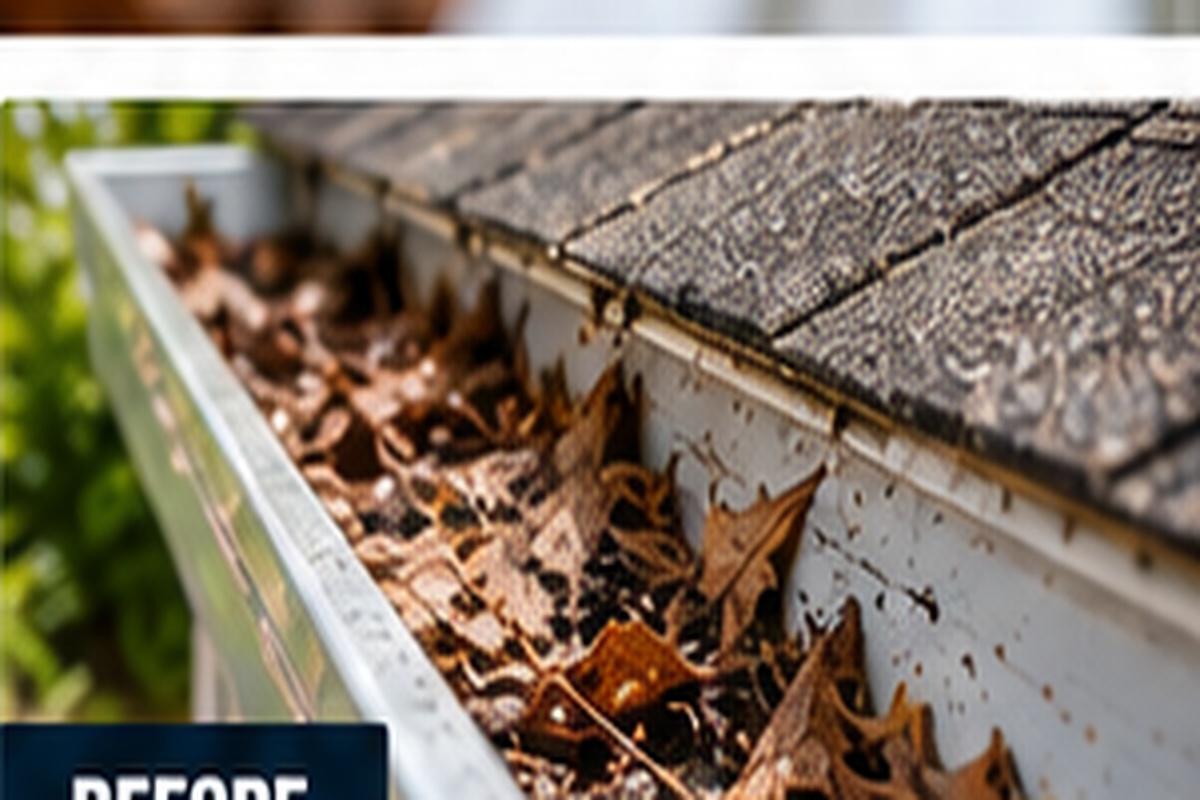 Gutter cleaning before and after, before