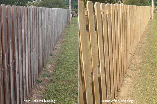 Wood fence before and after professional cleaning