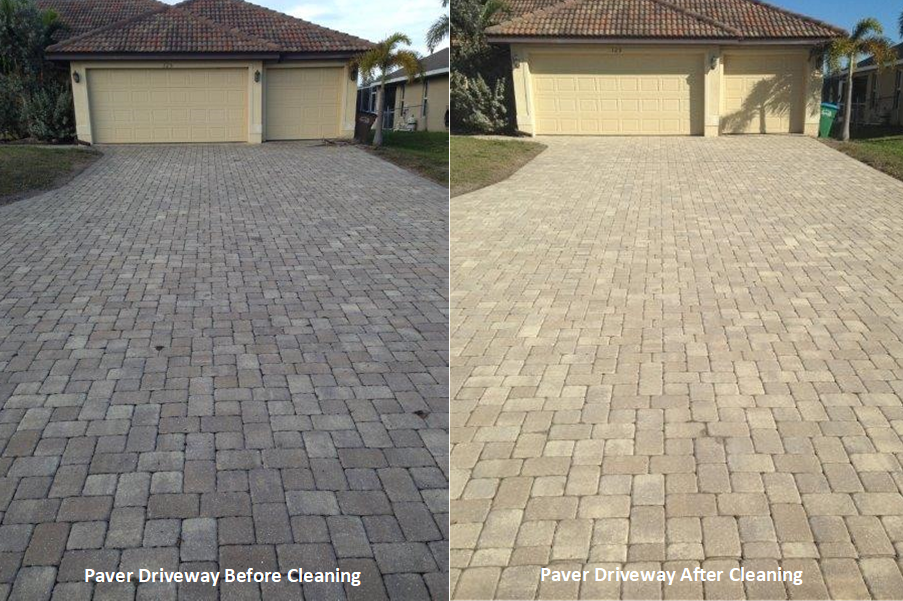 Paver driveway before and after cleaning
