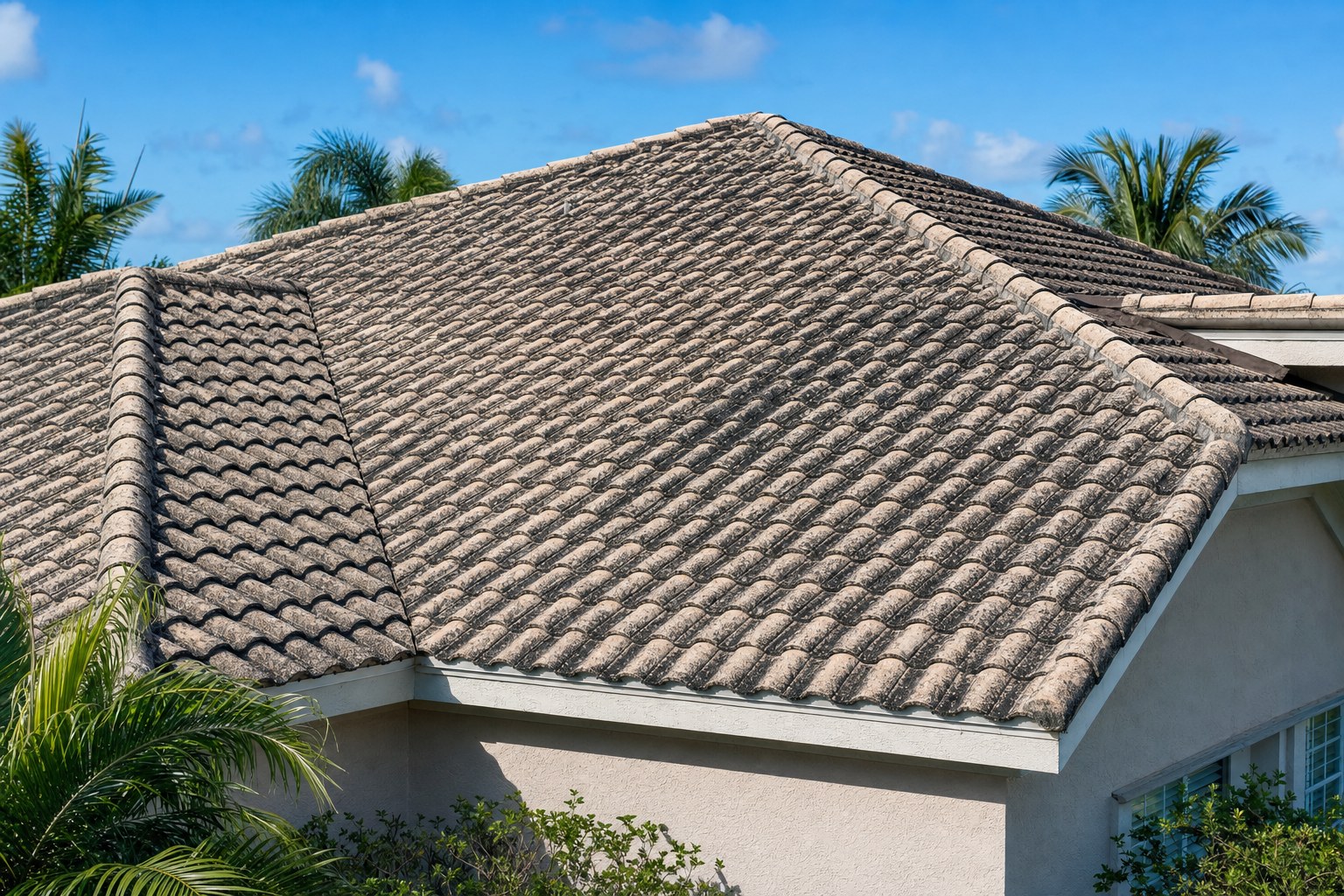 Roof soft washing on a Florida tile roof