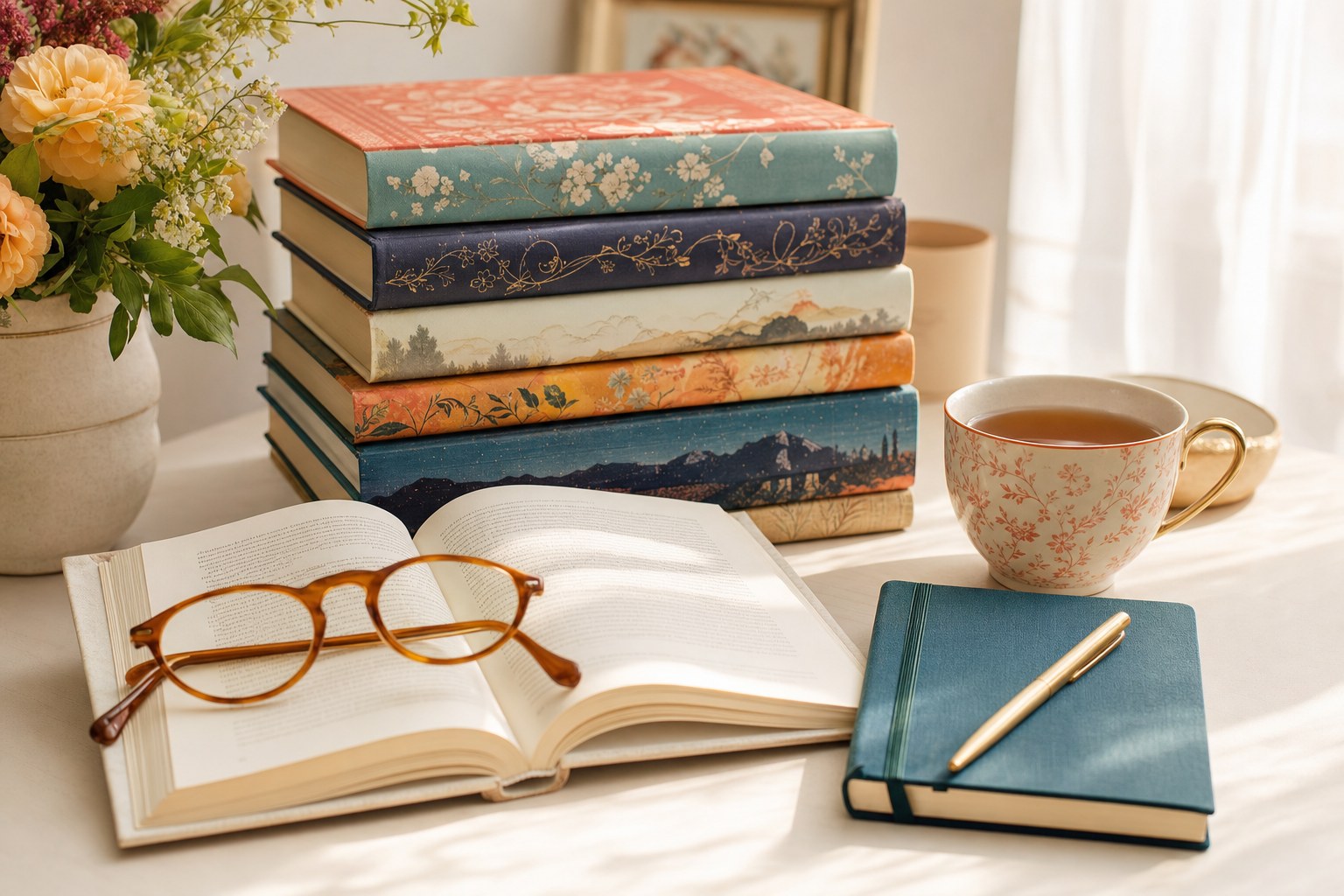Books, headphones, and a notebook prepared for reading
