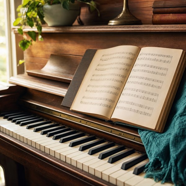 Piano keys and an open hymn book