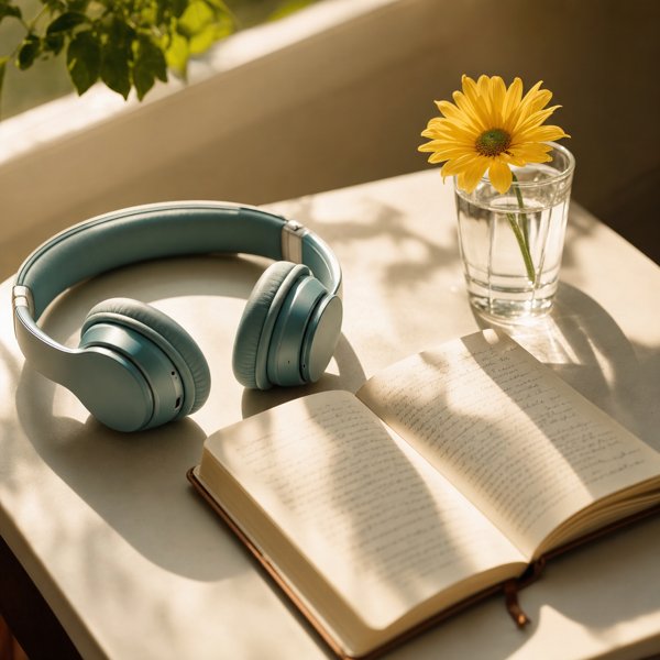 Teal headphones, a journal, and a yellow daisy