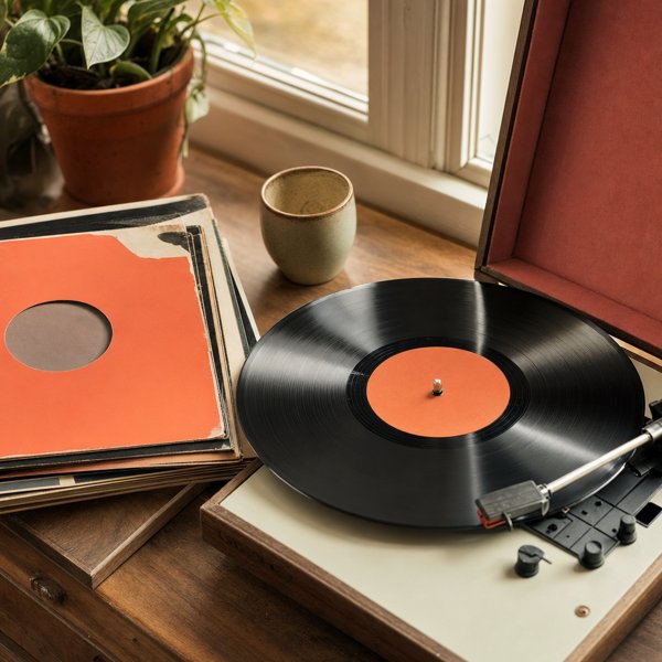 A vinyl record on a vintage turntable