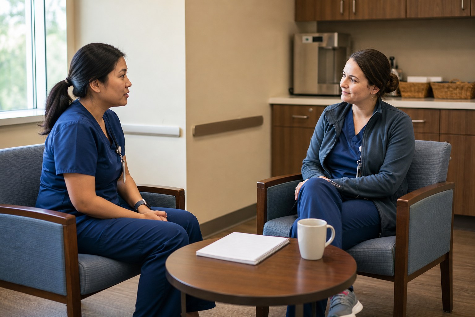 A nurse manager holding a supportive check-in with an early-career nurse