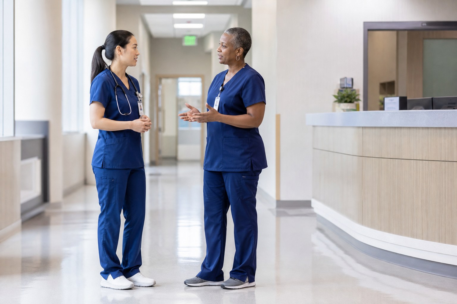 An experienced nurse mentoring a new nurse in a hospital corridor