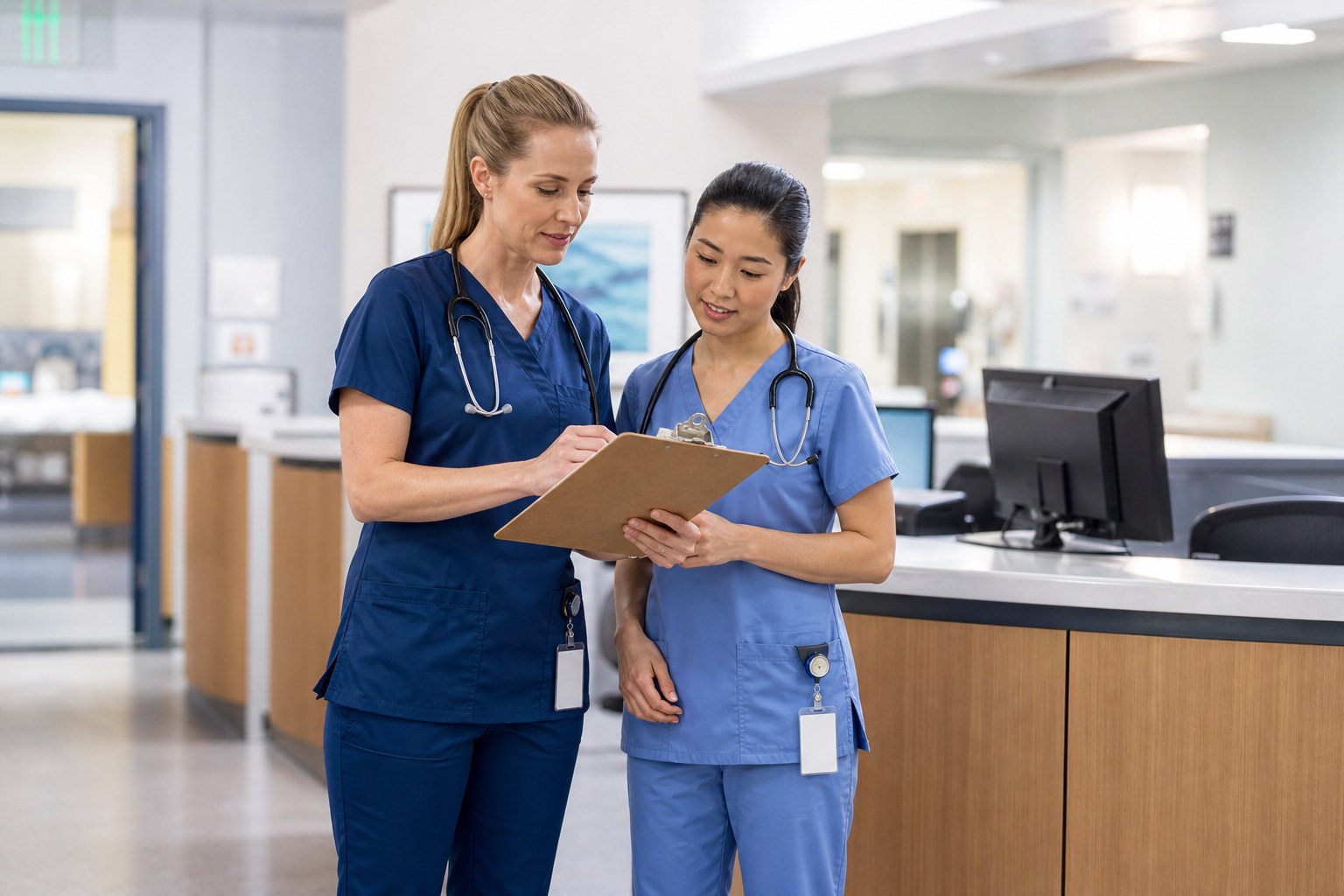 An experienced nurse coaching a new nurse at a hospital nurse station
