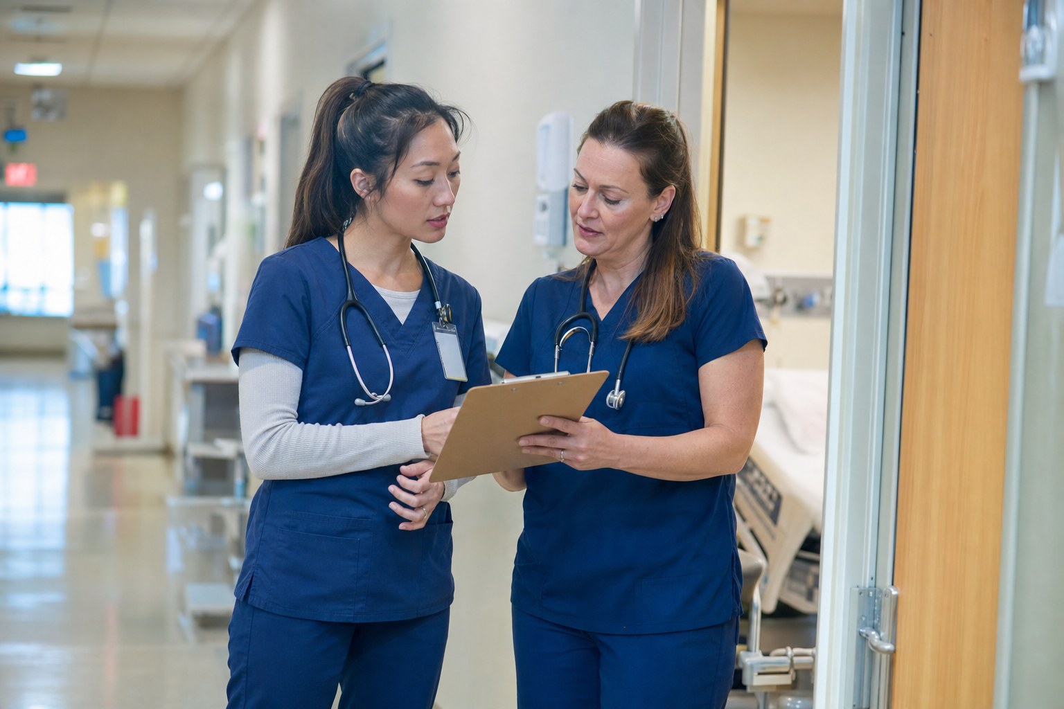 Experienced nurse mentoring a colleague during a clinical handoff