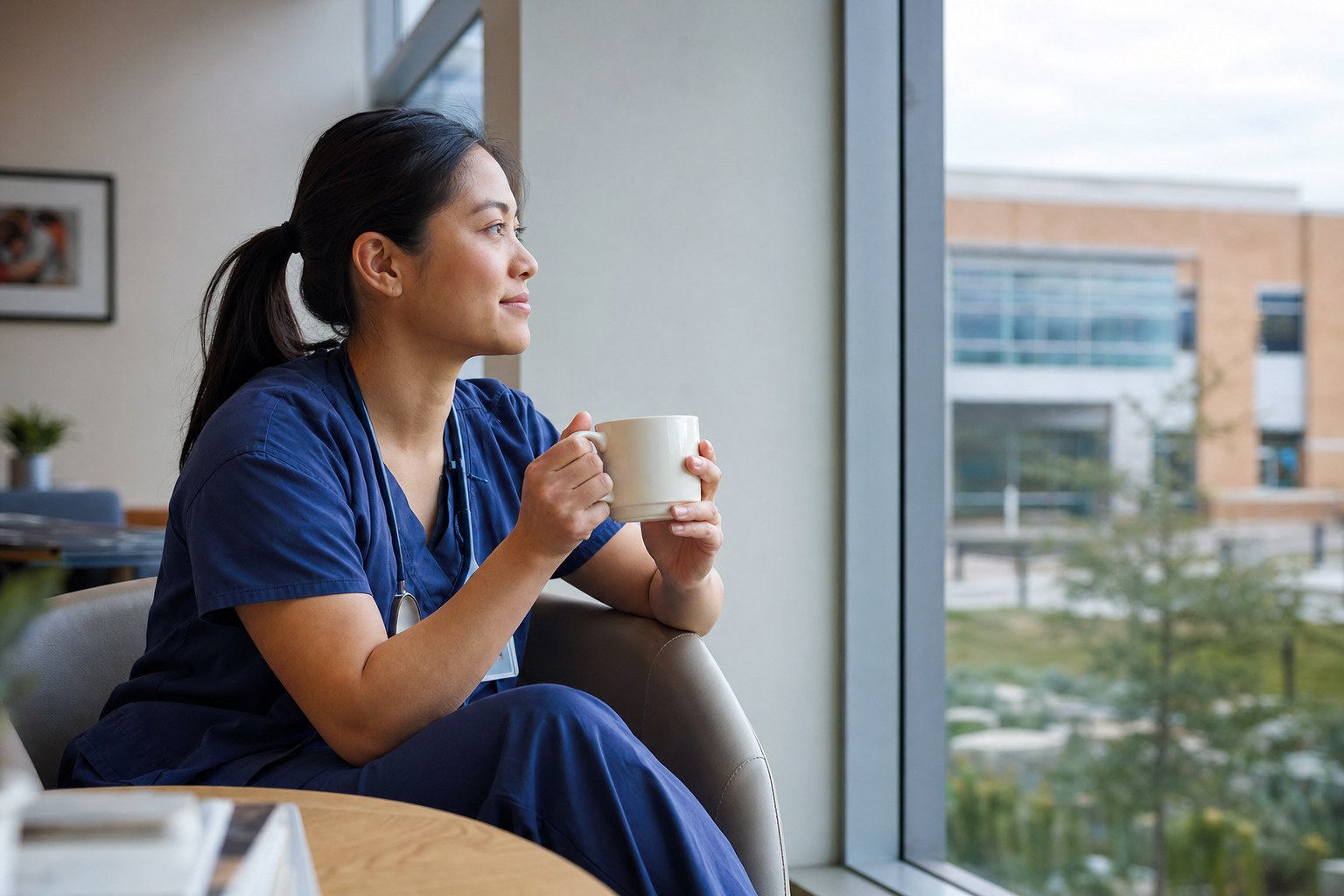 Registered nurse taking a quiet restorative break between shifts