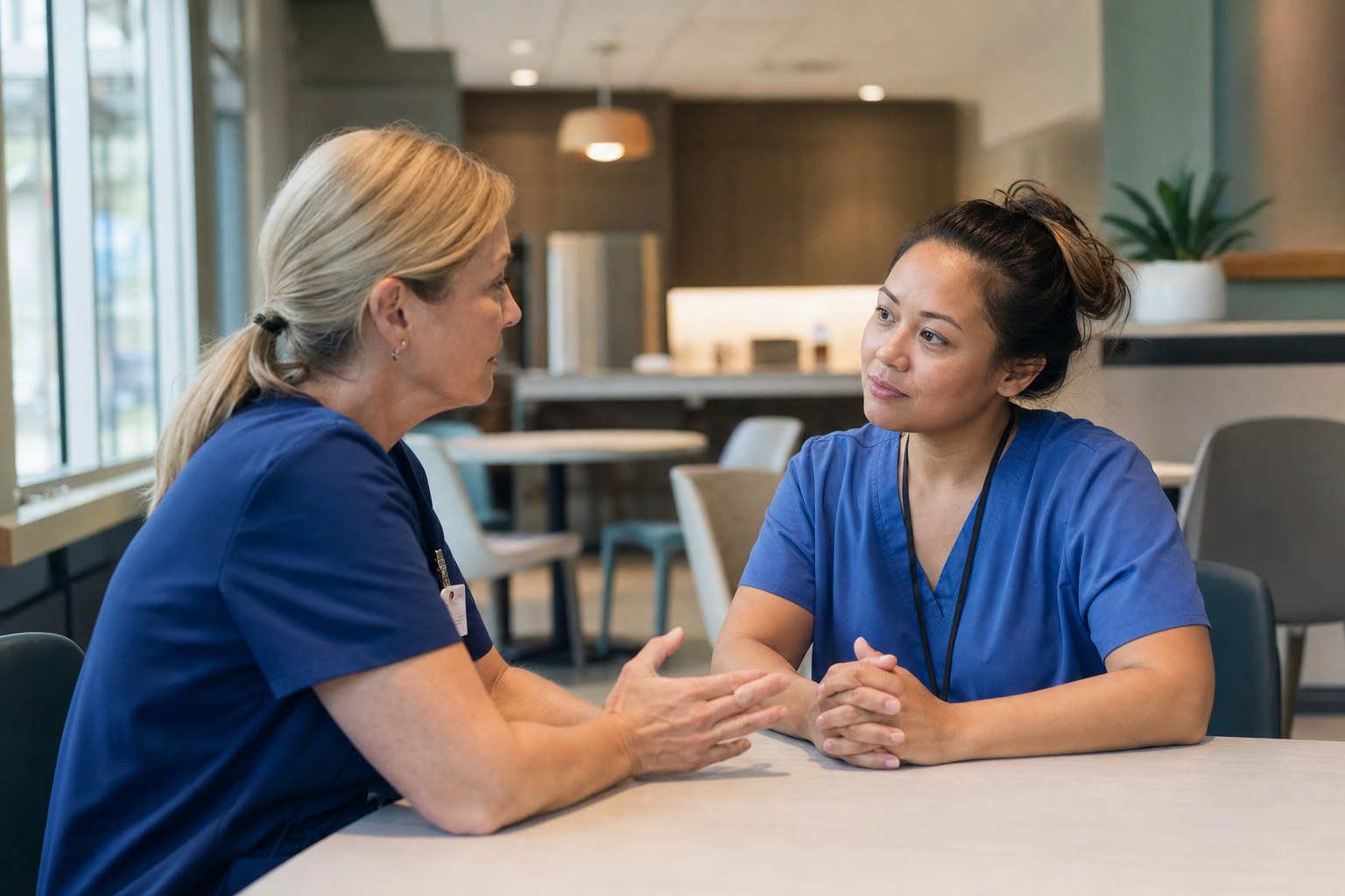 A nurse manager meeting one-to-one with a registered nurse