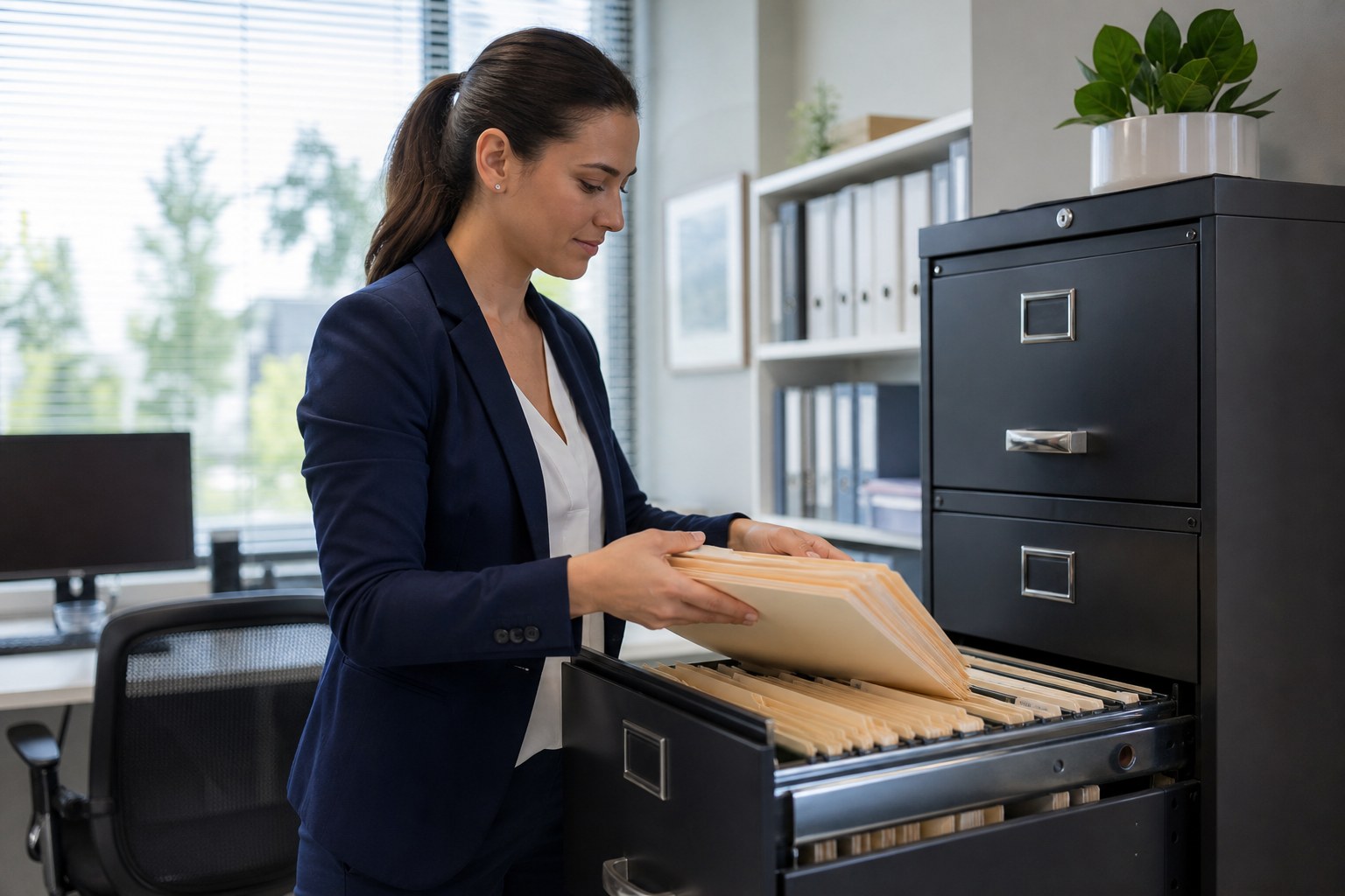 Healthcare compliance professional maintaining organized credential files
