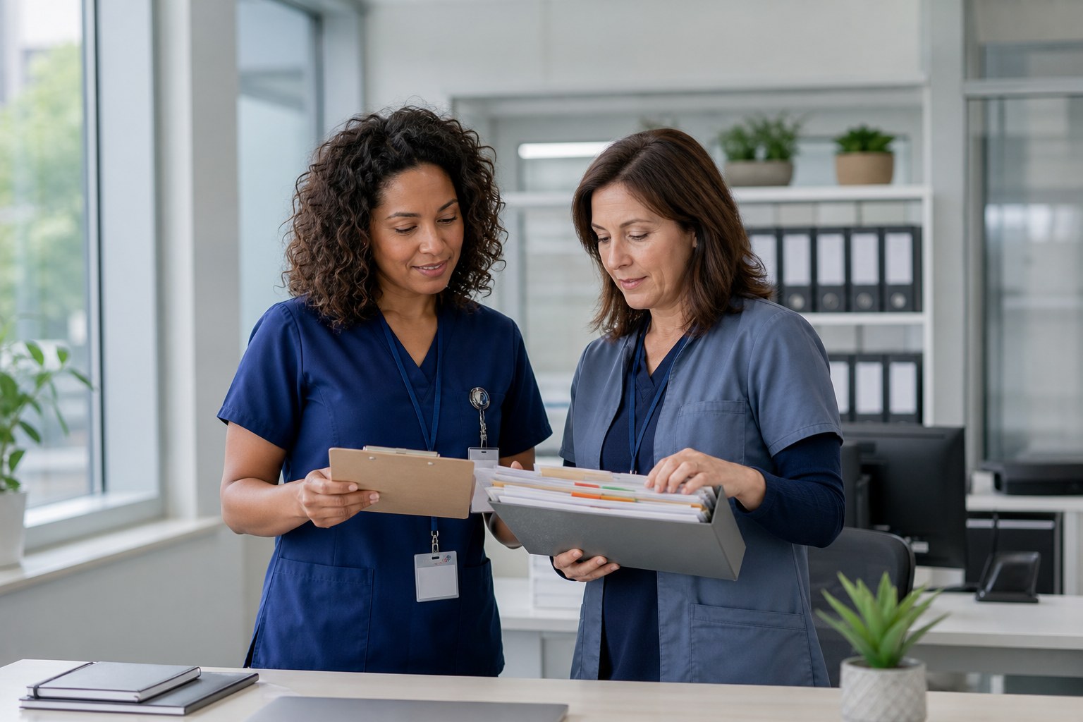 Healthcare professionals reviewing credential files together