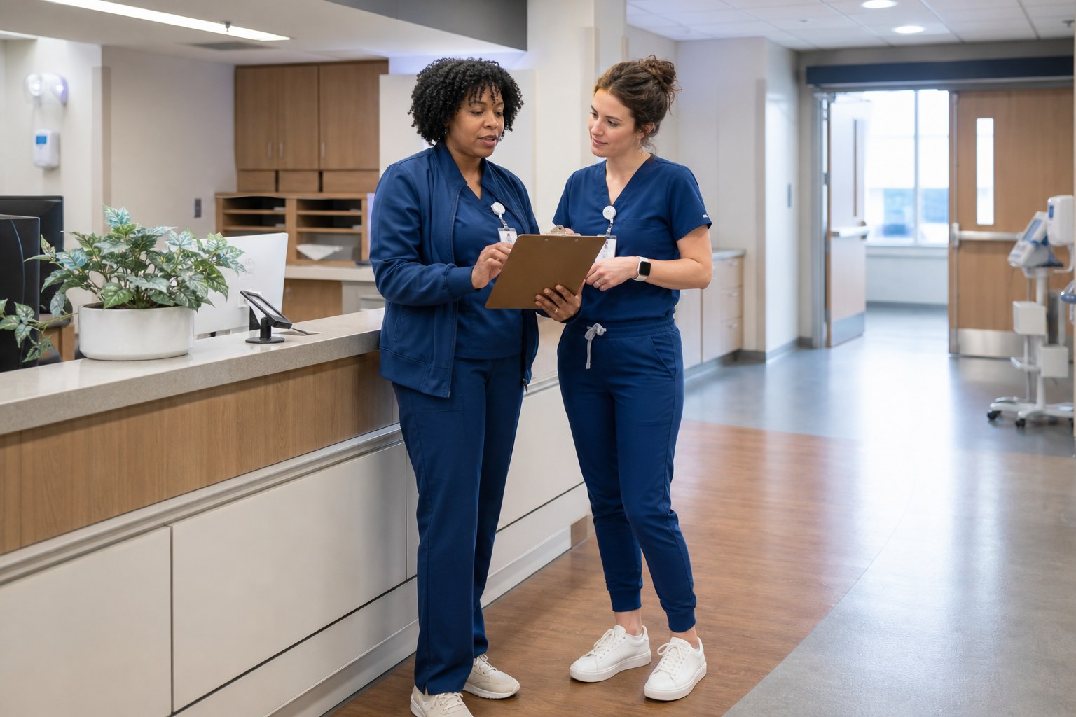 Nurse manager and clinician reviewing pre-shift readiness