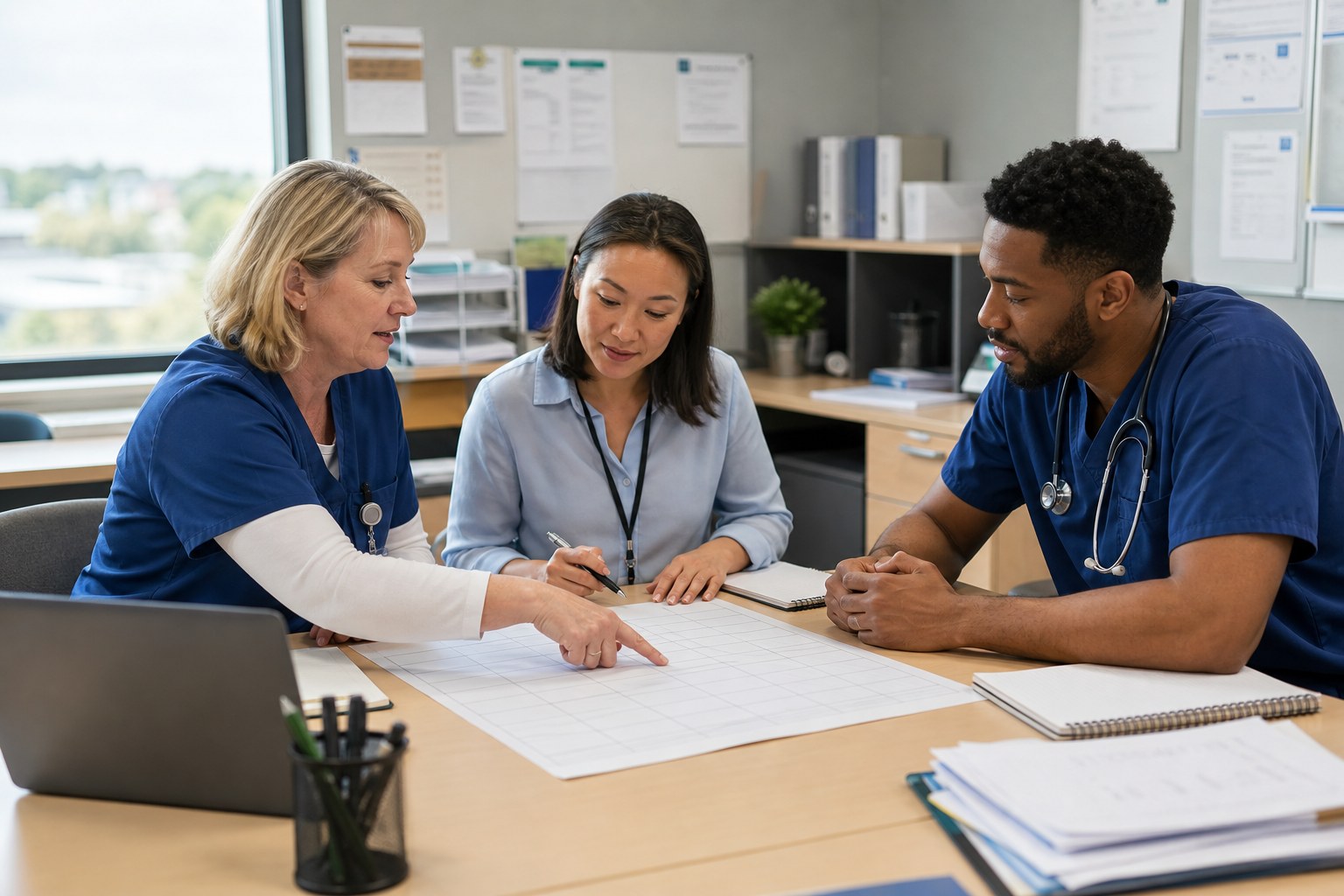 A healthcare operations team discussing a flexible staffing plan