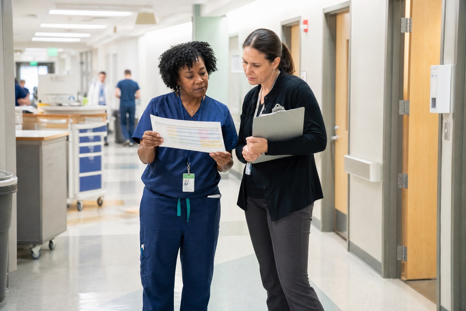 A nurse and facility leader reviewing a shift schedule in a hospital corridor