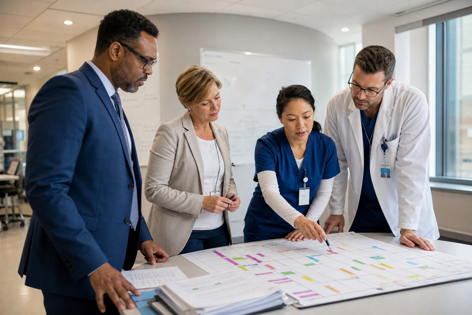 Healthcare leaders and clinicians reviewing a workforce plan together