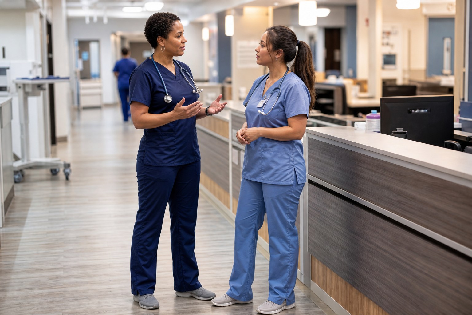 An experienced nurse guiding a colleague at a hospital nurse station