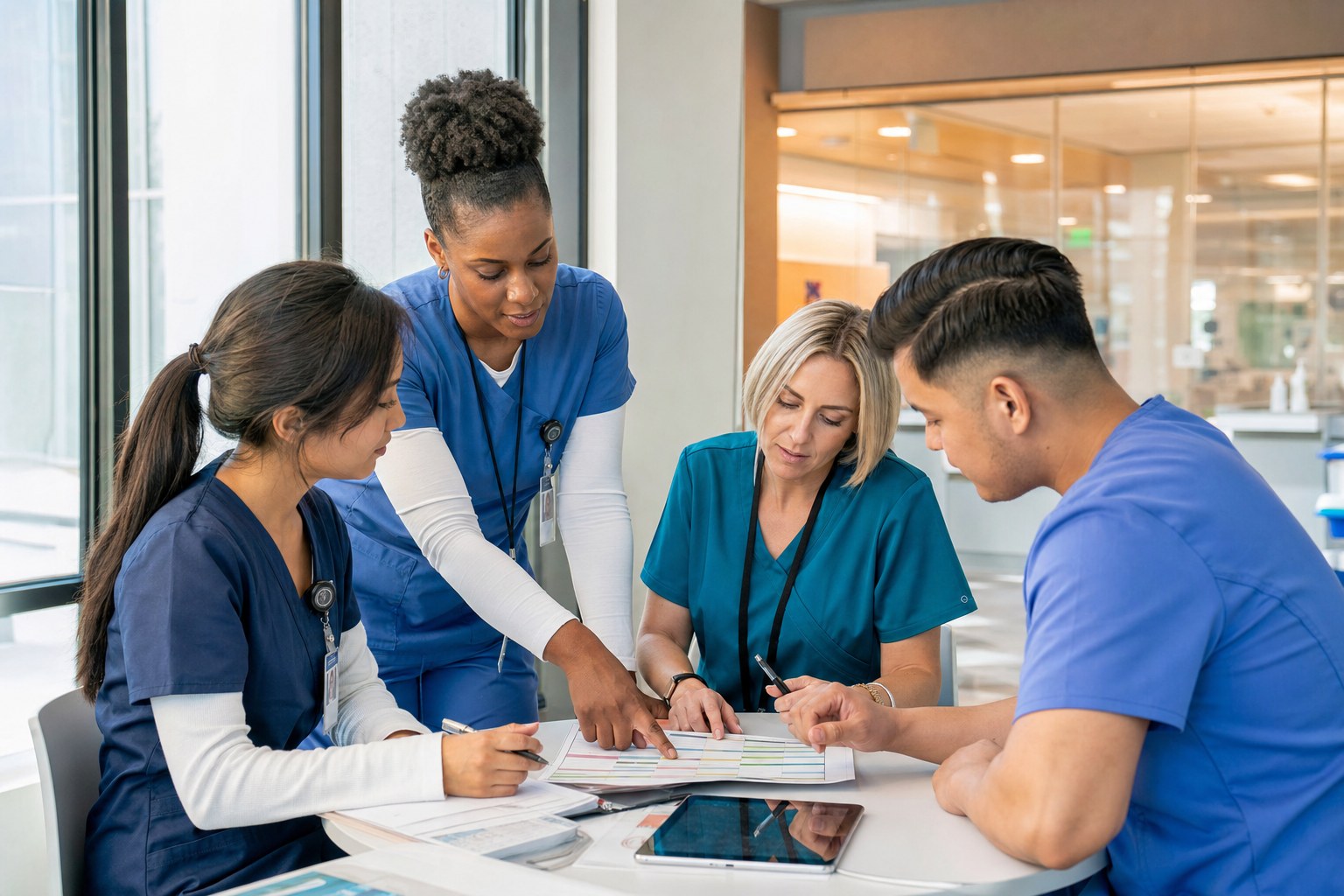 Nurses and a nurse manager reviewing a shift schedule together