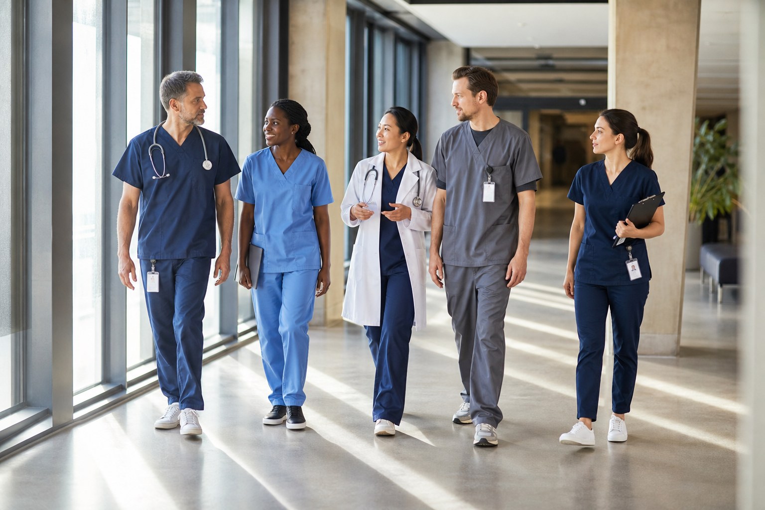 Healthcare professionals walking together through a hospital corridor