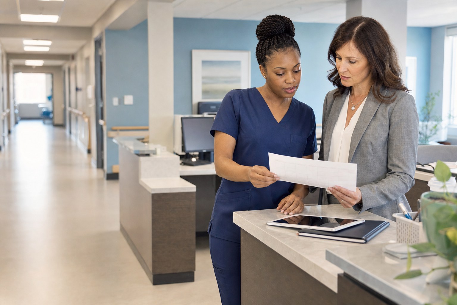 Facility manager and nurse reviewing a staffing schedule