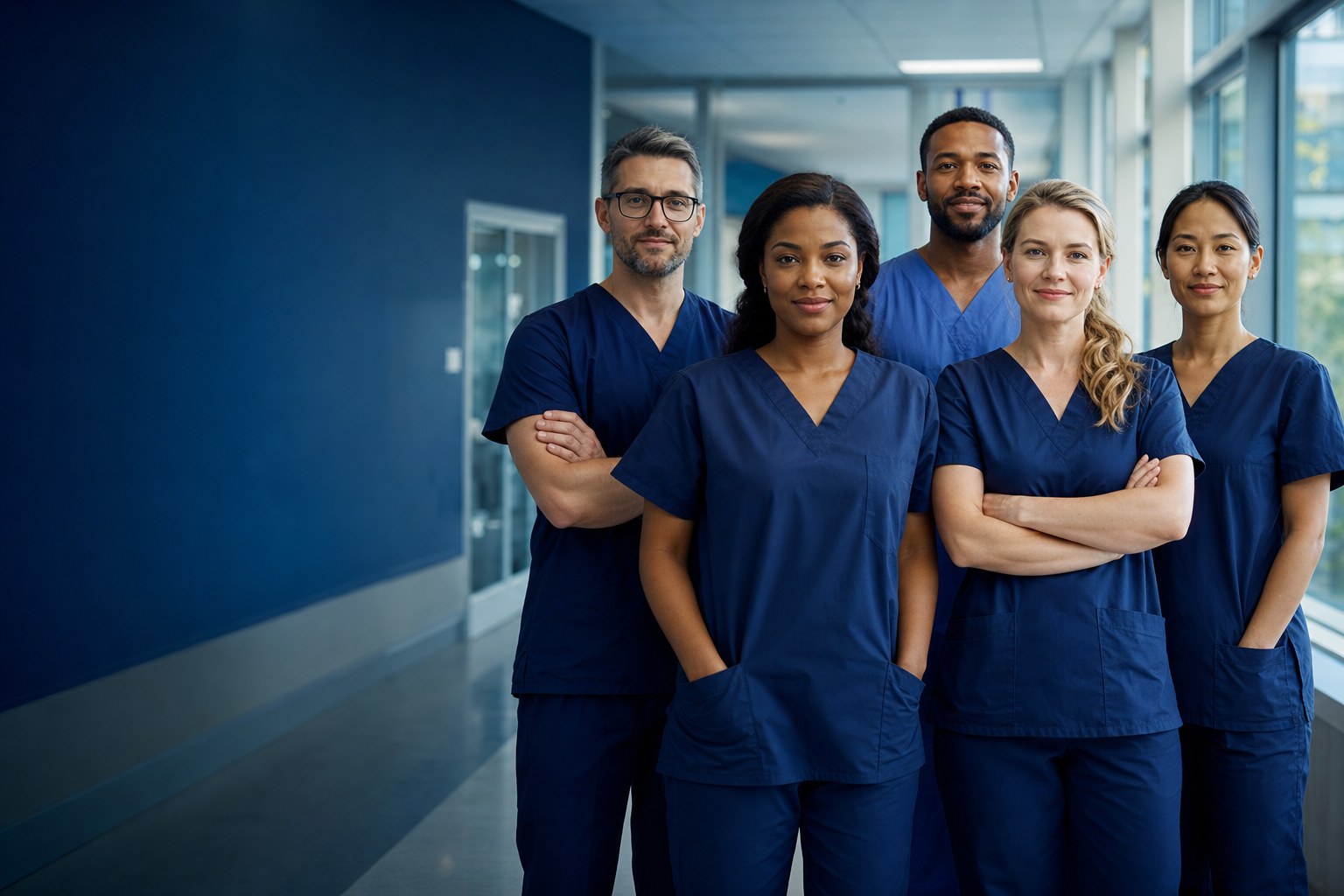 A diverse team of healthcare professionals in a hospital corridor