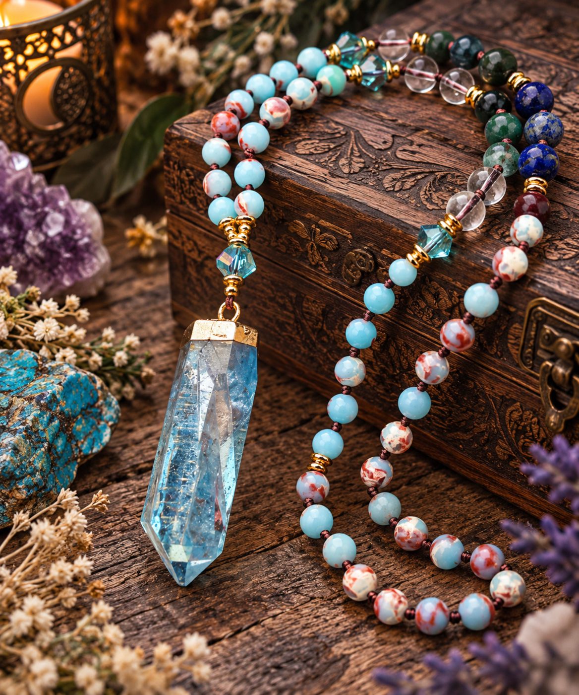 Blue crystal point pendant with beaded necklace