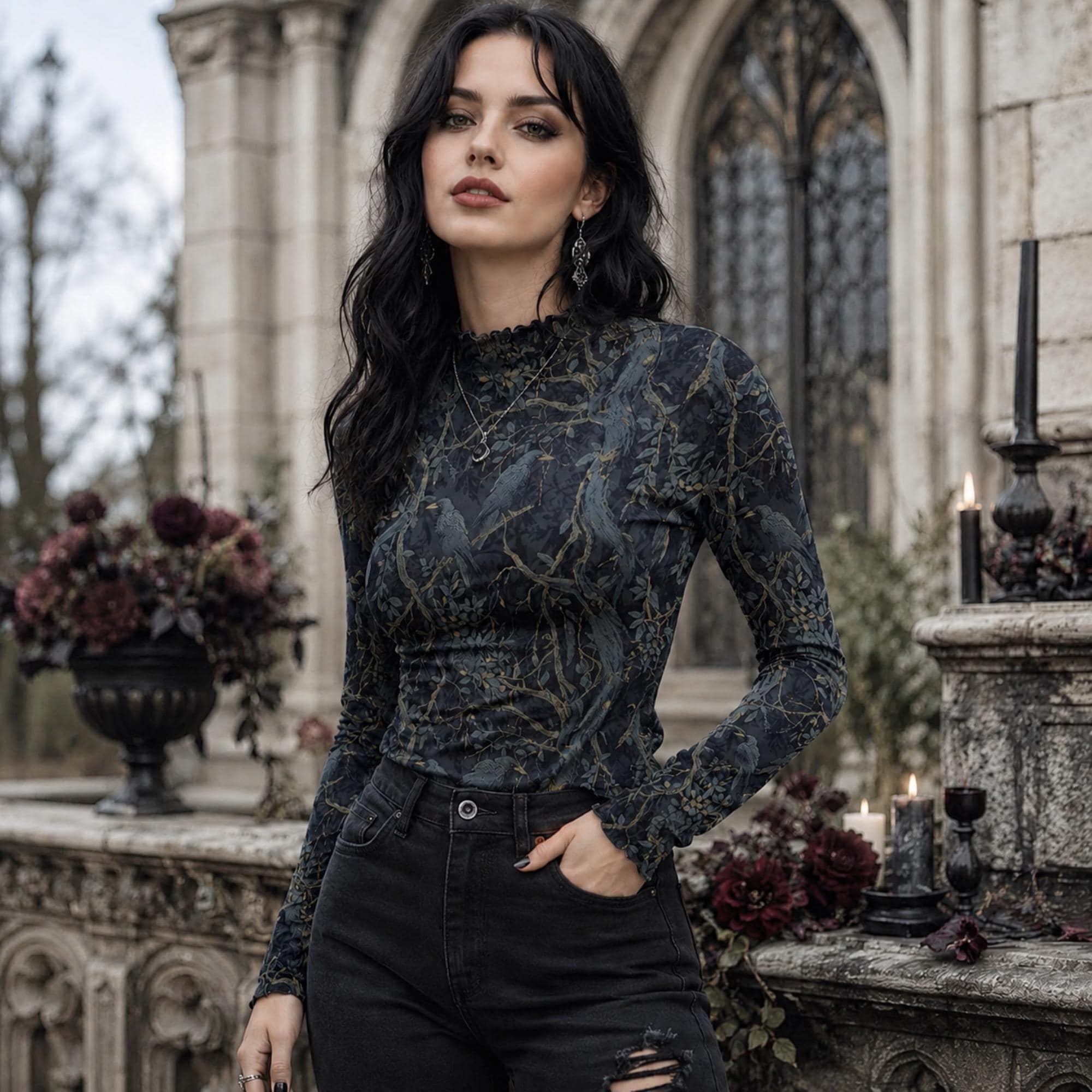 Dark academia mesh shirt and pleated skirt with a crow print