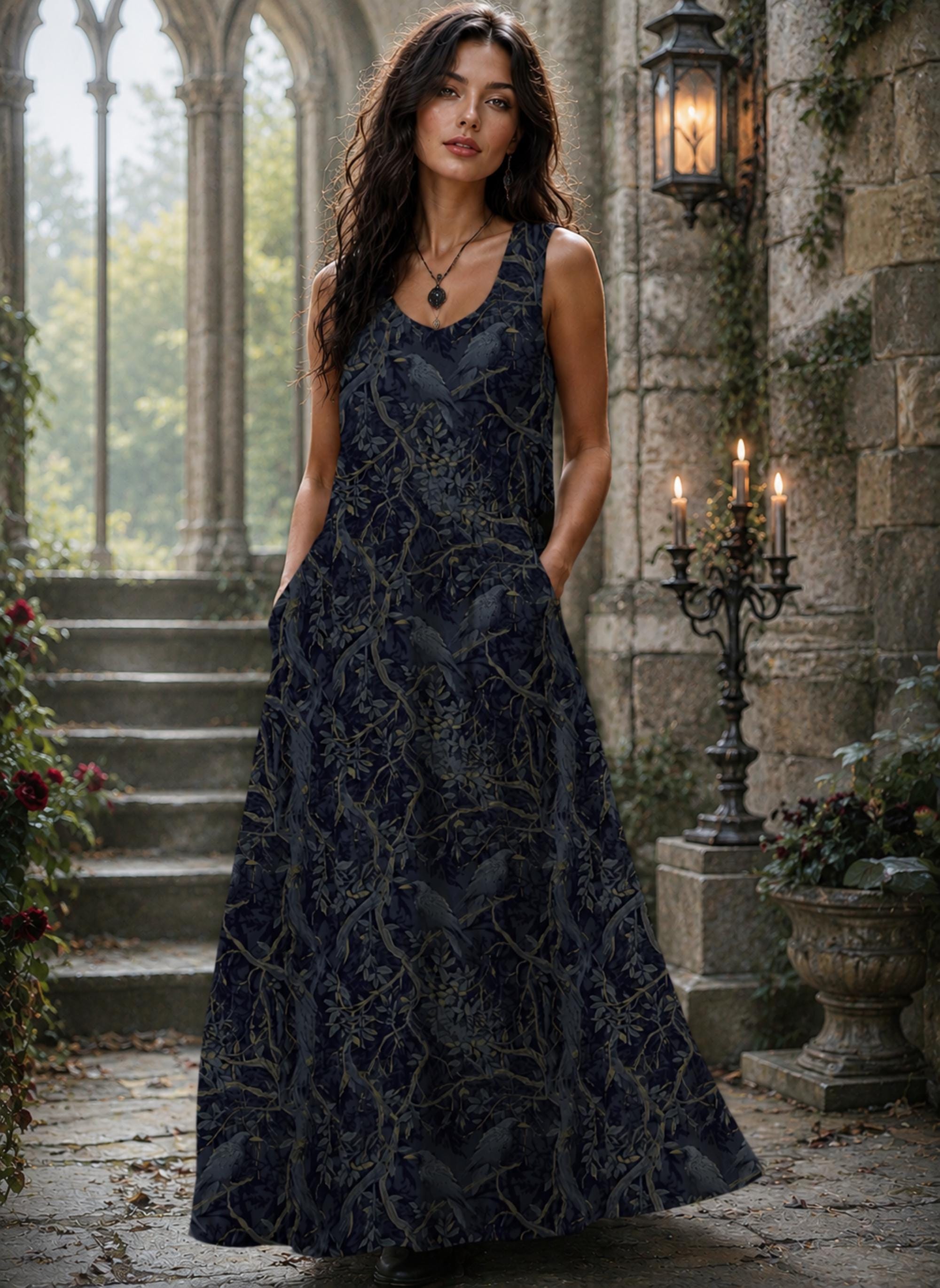 Dark academia dress with a William Morris inspired crow print