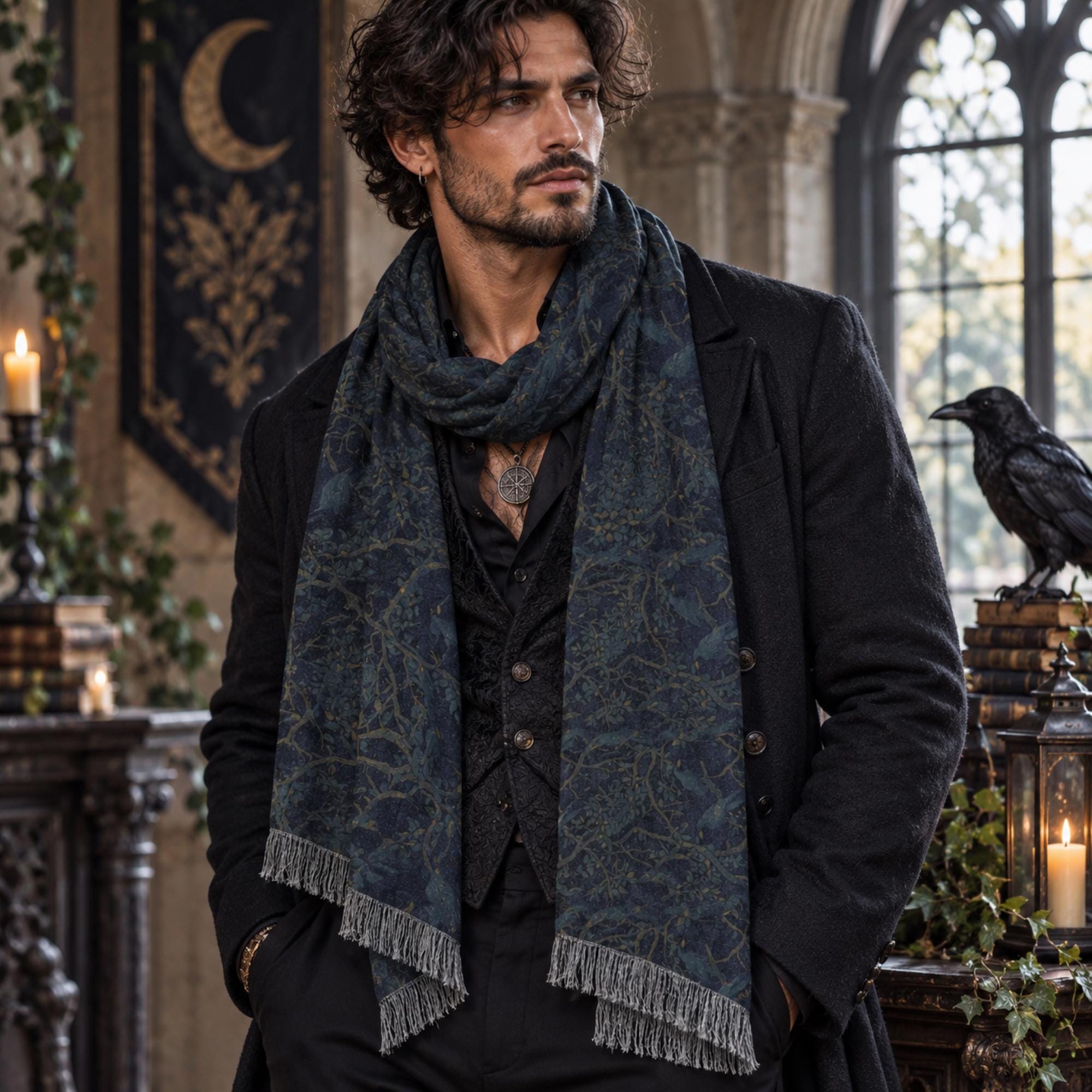 William Morris inspired crow scarf in dark red and black