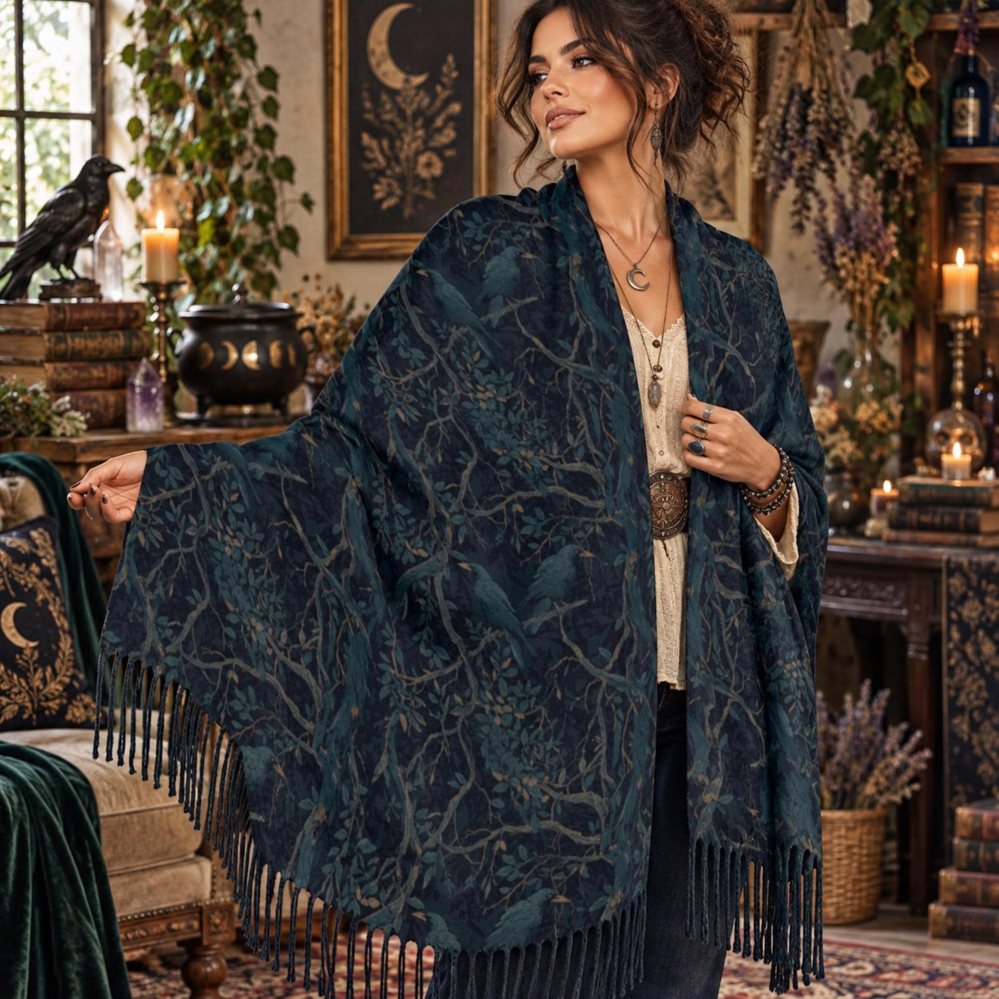Victorian inspired crow tassel scarf in a dark botanical print