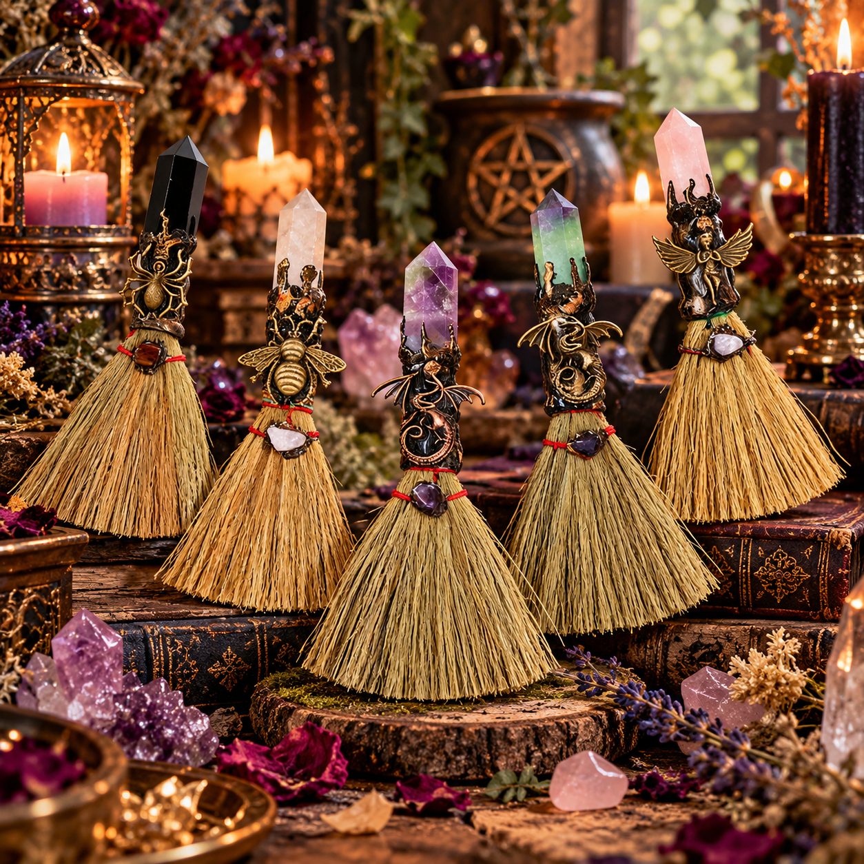 Mini ritual broom with a crystal point detail