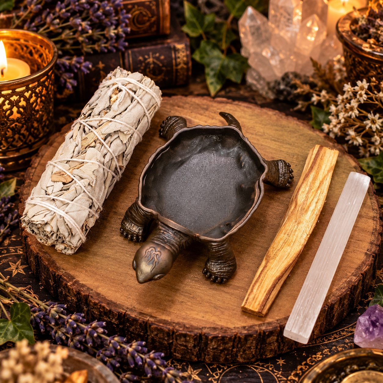 Ritual supply kit containing selenite and a tortoise shaped burner