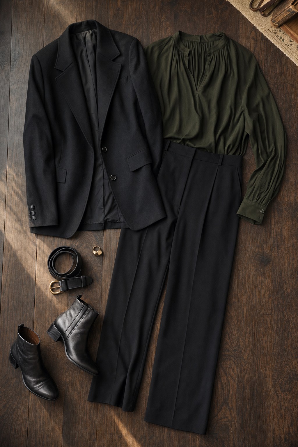Moss blouse, tailored black trousers, blazer, boots, leather belt, and brass ring arranged as an everyday outfit