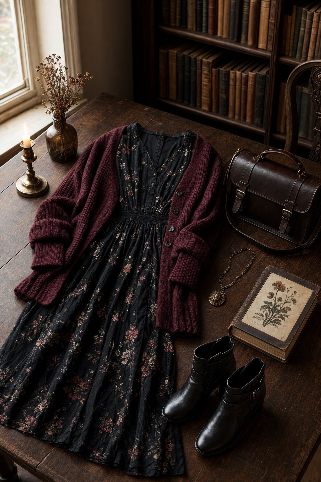 Black floral dress, oxblood cardigan, ankle boots, leather satchel, and botanical book arranged on a dark wood table