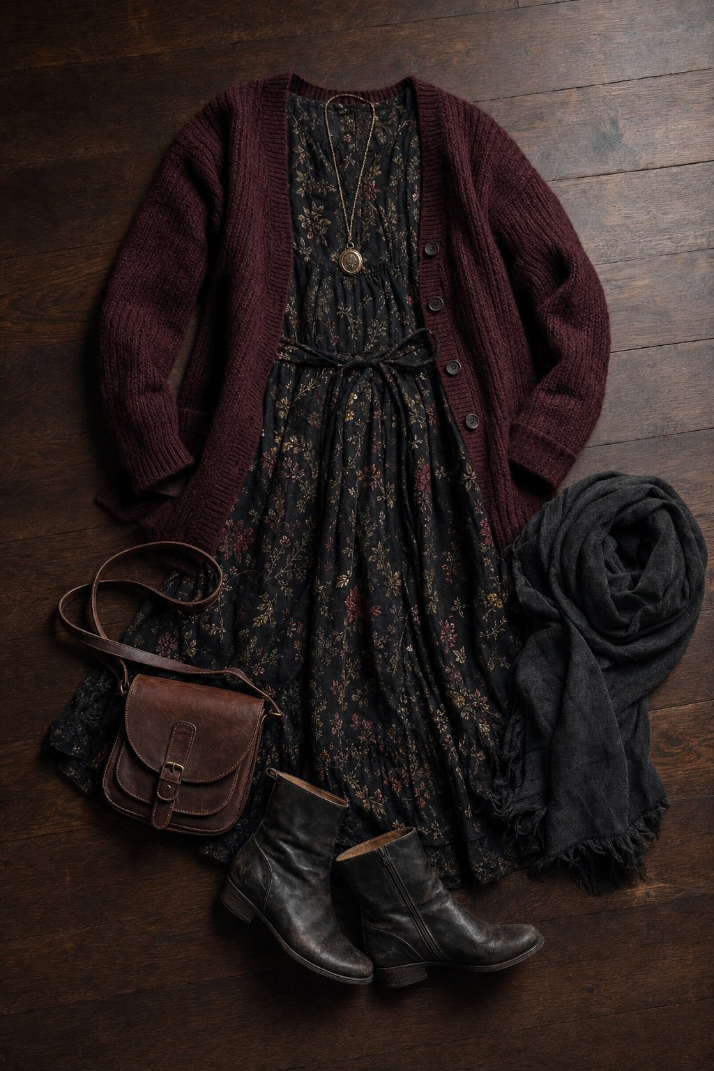 Black botanical dress, oxblood cardigan, leather boots, charcoal scarf, pendant, and brown satchel arranged on dark wood
