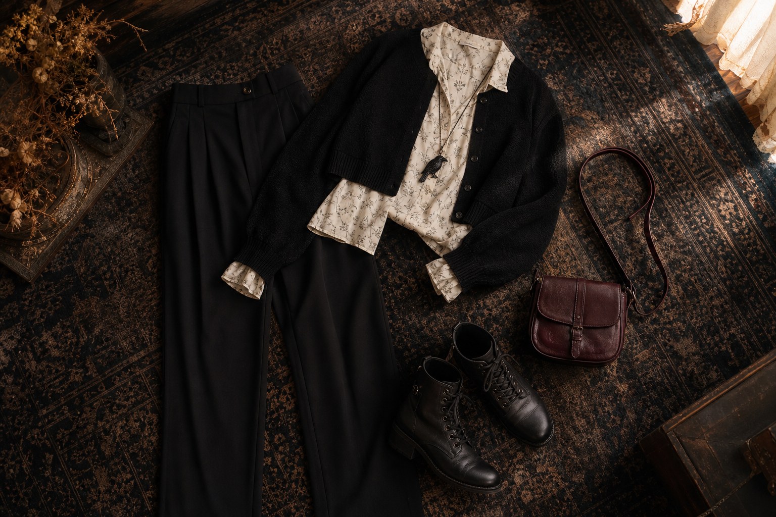 Black trousers, botanical blouse, black cardigan, boots, raven pendant, and oxblood bag arranged on a dark rug
