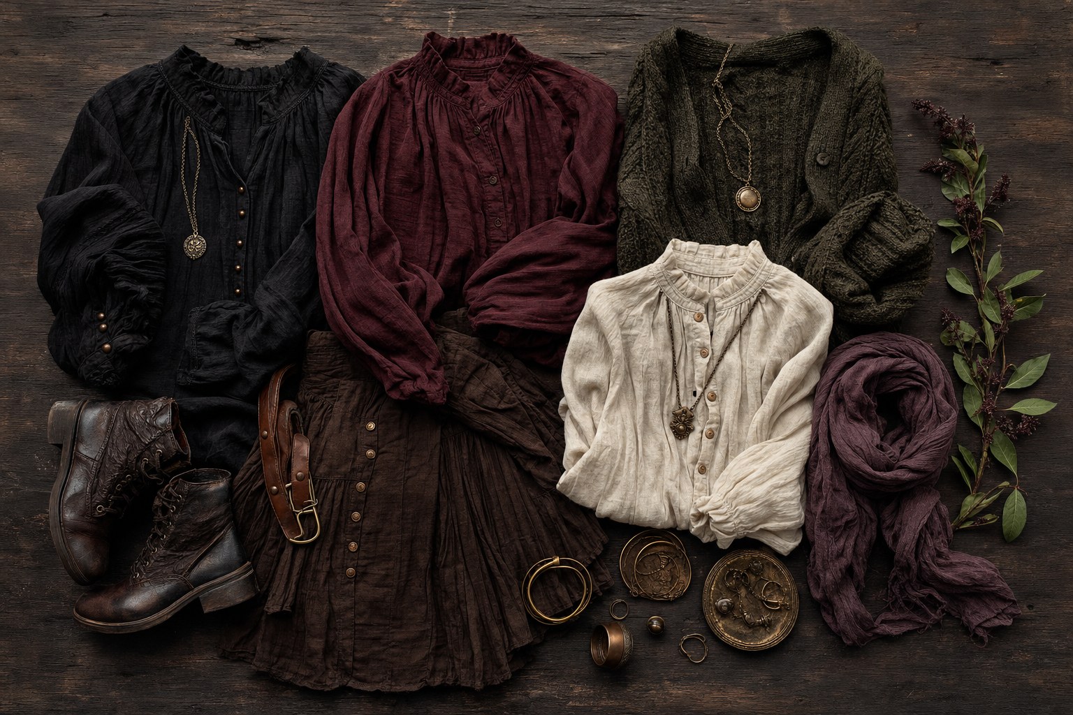 Black, oxblood, moss, parchment, and plum garments with boots, brass jewelry, and botanical stems arranged on dark wood